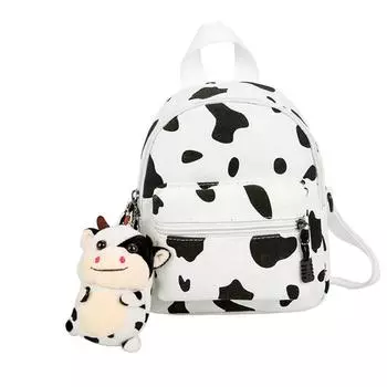 Мини-холщовый рюкзак с плюшевой подвеской, рюкзак с коровьим принтом для женщин, девушек, путешествий, покупок на открытом воздухе чёрный
