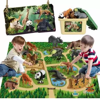 Мини-игрушка Tudou Safari Animal Figures Toys и большой игровой коврик размером 145x98 см. Реалистичные фигурки животных Jumbo Jungle Wild Zoo. В набор входят: слон,