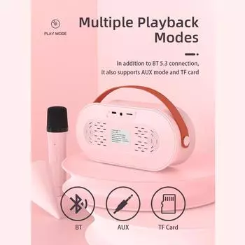 Мини-караоке-машина BT Караоке-динамик с беспроводными микрофонами Ослепительный цветовой световой эффект для 2 mics розовый