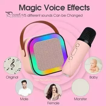 Мини-караоке-машина с 2 беспроводными микрофонами, преобразователем голоса, стереозвуком, портативной Bluetooth-совместимой портативной колонкой с подсветкой небесно-голубой