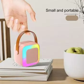 Мини-караоке-машина с 2 беспроводными микрофонами и светодиодной цветной подсветкой, мини-размер розовый