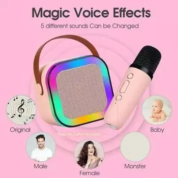 Мини-караоке-машина Yousheng с 2 беспроводными микрофонами, устройством смены голоса, стереозвуком, портативной Bluetooth-совместимой портативной колонкой с подсветкой небесно-голубой