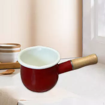 Мини-кастрюля для молока на 17 унций, маленькая эмалированная кастрюля с антипригарным покрытием и деревянной ручкой для растапливания масла White