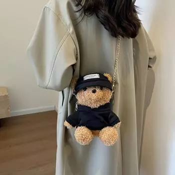 Мини-кавайная сумка с медведем, новинка, плюшевая милая мультяшная сумка через плечо, пушистая сумка для девочек, свежая милая модная сумка на плечо чёрный