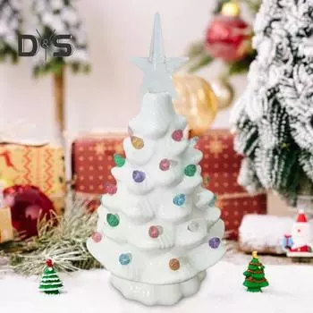 Мини керамическая фигурка рождественской елки, красочная светодиодная светящаяся статуэтка рождественской елки, украшение для домашнего офиса, рабочего стола, украшение зелёный