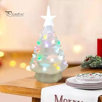 Мини керамическая фигурка рождественской елки, красочная светодиодная светящаяся статуэтка рождественской елки, украшение для домашнего офиса, рабочего стола, украшение зелёный