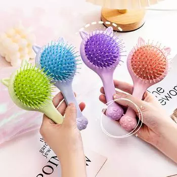 Мини кошачьи ушки Воздушная подушка Гребень с зеркалом для макияжа Воздушная подушка Гребень Массаж головы Мультфильм Парикмахерские девушки Подарок Здоровье Уход Красота розовый