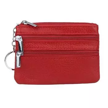 Мини-кошелек для монет из натуральной кожи, женский, первый слой из коровьей кожи, короткие кошельки, мягкий кошелек для ключей из телячьей кожи, три молнии, маленький кошелек красный