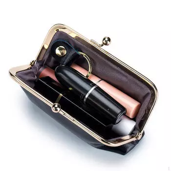 Мини косметичка женский кошелек металлический каркас модный легкий маленький органайзер чёрный