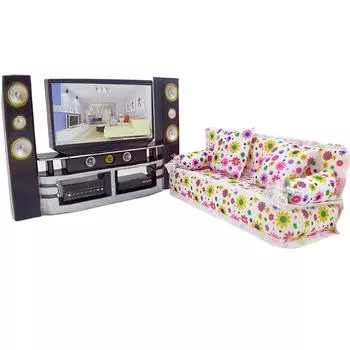 Мини-кукольный домик, мебель для семьи, спальни, HI-FI, ТВ-шкаф, цветочный диван + 2 подушки для кукол Барби, аксессуары(НЕТ КУКЛ)