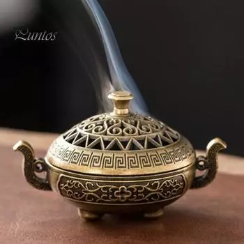 Мини-курильница для благовоний в китайском стиле, винтажная полая, с двумя ушками, трехногая, из цинкового сплава, держатель для благовоний, украшение для домашнего офиса и рабочего стола бронзовый
