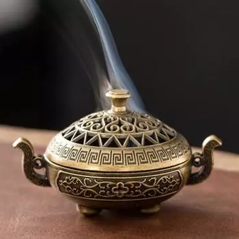 Мини-курильница Yousheng в китайском стиле, винтажная полая, с двумя ушками, трехногая, из цинкового сплава, держатель для благовоний, украшение для домашнего офиса и рабочего стола бронзовый