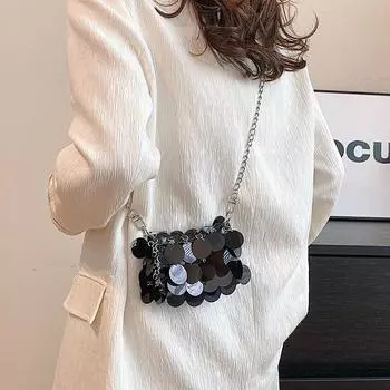 Мини маленькая сумка 2024 новая мода блестки интернет знаменитости с той же женской цепочкой через плечо рот красный конверт чёрный