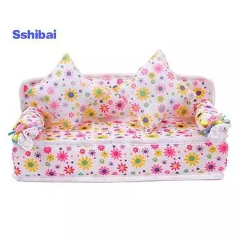 Мини-мебель, диван, диван из цветочной ткани + 2 подушки-для аксессуаров для кукольного дома