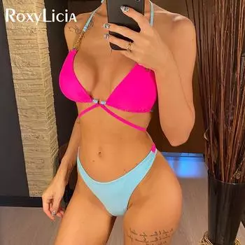 Мини-микро-стринги с лямкой на шее, бикини с высоким вырезом, женский купальник, женский купальник, комплект из двух частей, купальный костюм, купальный костюм для женщин S синий/розовый