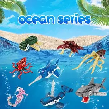 Мини-модель Ocean World Series, строительные блоки, аквариум, морская черепаха, акула, синий кит, сборные кирпичи, игрушки, детские рождественские подарки красный/белый