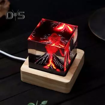 Мини-ночник с изображением извержения вулкана, настольный светильник из эпоксидной смолы в виде куба, домашний офис, спальня, детская комната, прикроватный декоративный светодиодный настольный светильник чистый