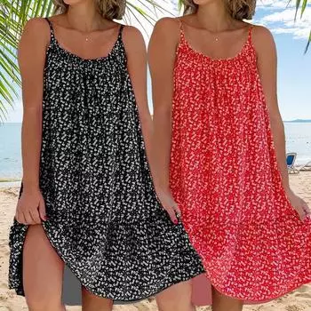 Мини-платье 1 шт., платье трапециевидной формы, пляжное платье с цветочным принтом, сарафан, полиэстер, повседневная свободная вечеринка M розы красного