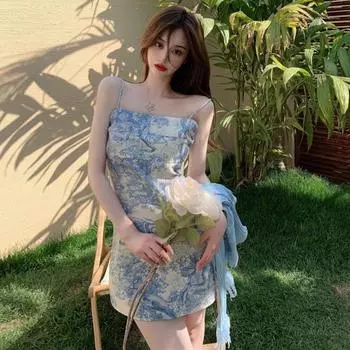 Мини-платье бандо без рукавов с открытой спиной и запахом выше колена, женское платье на бретельках с принтом дерева в стиле ретро, уличная одежда XL синий