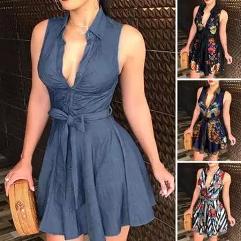 Мини-платье без рукавов с рюшами на пуговицах и поясом, женское мини-платье с цепочкой и принтом, плиссированное подол, платье-рубашка, уличная одежда S белый