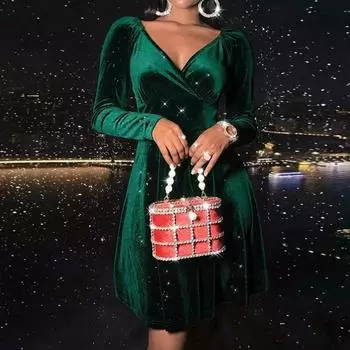 Мини-платье для отпуска на осень и зиму, рождественское платье с длинными рукавами и V-образным вырезом, вельветовое красно-зеленое элегантное короткое платье для вечеринок, Vestido S зелёный
