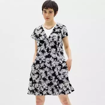 Мини-платье GU by Uniqlo с V-образным вырезом и принтом, с короткими рукавами и цветами A +X
