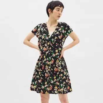 Мини-платье GU by Uniqlo с V-образным вырезом и принтом, с короткими рукавами и цветком B +X