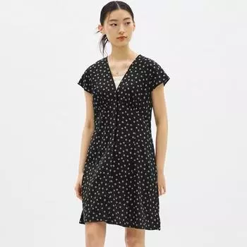 Мини-платье GU by Uniqlo с V-образным вырезом и принтом, с короткими рукавами и цветком C +EC