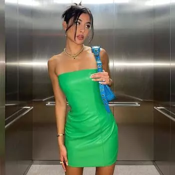 Мини-платье из искусственной кожи без бретелек, наряды с открытой спиной, летние облегающие платья для ночного клуба, однотонные платья без рукавов SL S чёрный