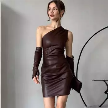 Мини-платье из искусственной кожи, женское сексуальное платье с открытыми плечами и высокой талией, плиссированное платье, женское уличное облегающее элегантное вечернее винтажное платье L чёрный