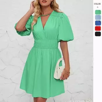 Мини-платье из закаленного материала с завышенной талией и глубокими рукавами-буфами с V-образным вырезом S чёрный