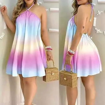 Мини-платье, летнее сексуальное женское платье с открытой спиной, повседневное свободное платье в стиле бохо, пляжное платье с принтом для отпуска, женское платье с открытой спиной на шнуровке, женский халат S коричневый/бежевый