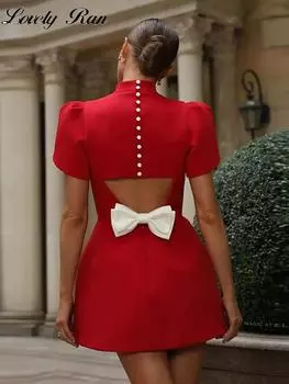 Однотонные женские платья с бантом и вырезом, с круглым вырезом, с короткими рукавами-фонариками, женское платье 2025 года, модное элегантное женское вечернее платье в стиле пэчворк L красный