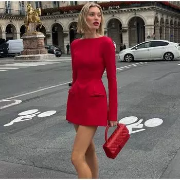 Мини-платье с длинным рукавом и двойным бантом для женщин, весна-осень, новое однотонное платье красного и черного цвета с высокой талией, сексуальное вечернее платье для клуба S красный