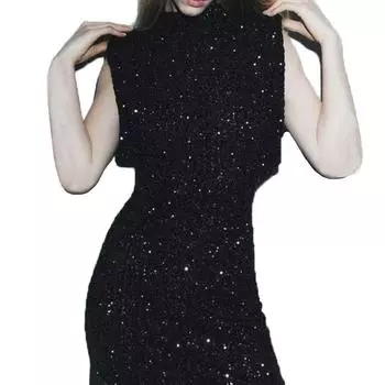 Мини-платье с круглым вырезом и блестками, с короткими плечами, без рукавов, вечерняя юбка M