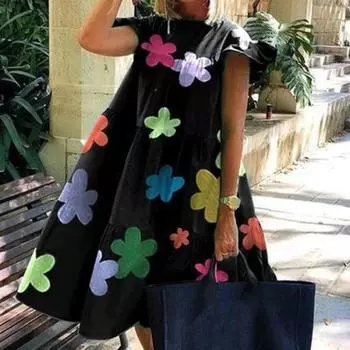 Мини-платье с круглым вырезом, популярная мягкая текстура, короткий рукав, узор в виде летящих бабочек, большой подол XL чёрный