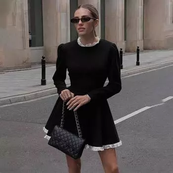 Мини-платье с кружевным сращиванием и круглым вырезом, женское, элегантное, с высокой талией, облегающее, с длинными рукавами, женское, в стиле ретро, Vestidos S чёрный