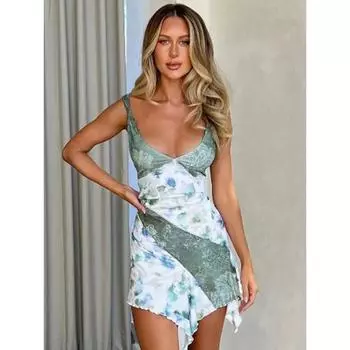 Мини-платье с открытой спиной и принтом, женское элегантное платье без рукавов с контрастным цветом и V-образным вырезом, облегающее сексуальное мини-платье S