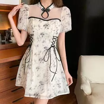 Мини-платье с принтом, женское летнее платье в китайском стиле, винтажное уличное платье с высокой талией