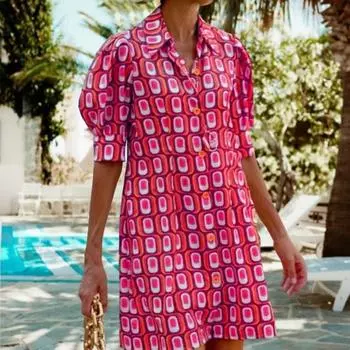 Мини-платье с пышными рукавами и лацканами в клетку с принтом и пуговицами, платье с мягкой текстурой, женское свободное платье с полурукавами, праздничная одежда 2XL фиолетовый