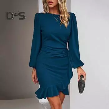 Мини-платье с расклешенным длинным рукавом и круглым вырезом, однотонное, нерегулярное, с оборками по подолу, офисное женское повседневное короткое платье L синий