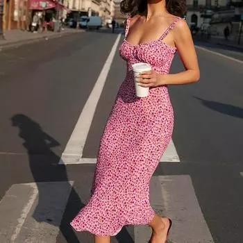 Мини-платье с разрезом на подтяжках и цветочным принтом, тонкое платье без рукавов в пляжном стиле, платье на тонких бретельках, женская одежда S розовый