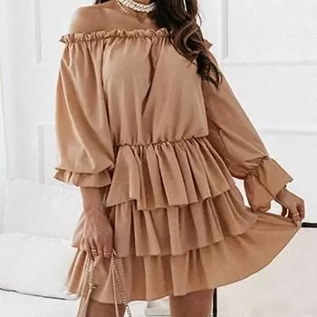 Мини-платье с рюшами по подолу, простое, приятное для кожи, очаровательное женское платье-туника с рюшами, сарафан M