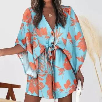 Мини-платье с v-образным вырезом и летящими рукавами, однобортное повседневное пляжное праздничное платье с геометрическим принтом и завязками на талии XL чёрный