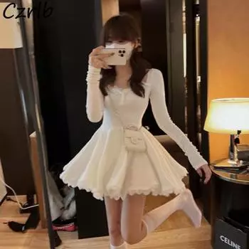 Мини-платье с высокой талией, женское осеннее сексуальное платье с длинными рукавами для девочек, повседневное простое бальное платье, модное универсальное платье Vestidos Mujer Sweet Young XS белый