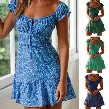 Мини-платье со шнуровкой спереди и квадратным воротником, с узкой талией и цветочным принтом, платье с короткими рукавами и рюшами по подолу, женская одежда M вино красного