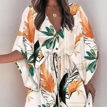 Мини-платье женское с принтом, рукавами «летучая мышь», на шнуровке, с V-образным вырезом, свободные платья на пуговицах, женское пляжное вечернее платье S зелёный