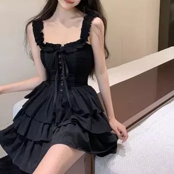 Мини-платья без рукавов, женские однотонные платья на шнуровке и пуговицы, тонкое сексуальное платье на бретельках для девочек, лестное талии, простые плиссированные повседневные платья S чёрный