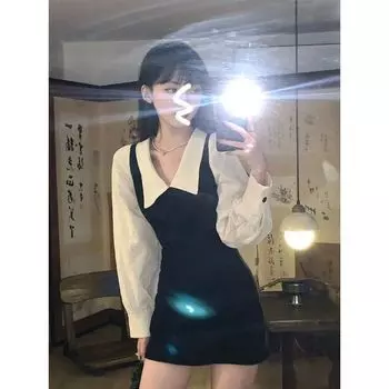 Мини-платья с длинными рукавами для женщин, корейский модный стиль, милый сексуальный воротник трапециевидной формы с воротником «Питер Пэн», 2 шт., повседневные платья, шикарные S бежевый