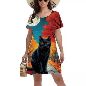 Мини-платья с принтом 3D-кота из мультфильма, женское милое платье А-силуэта, летнее пляжное повседневное мини-платье с коротким рукавом и круглым вырезом, Vestidos S
